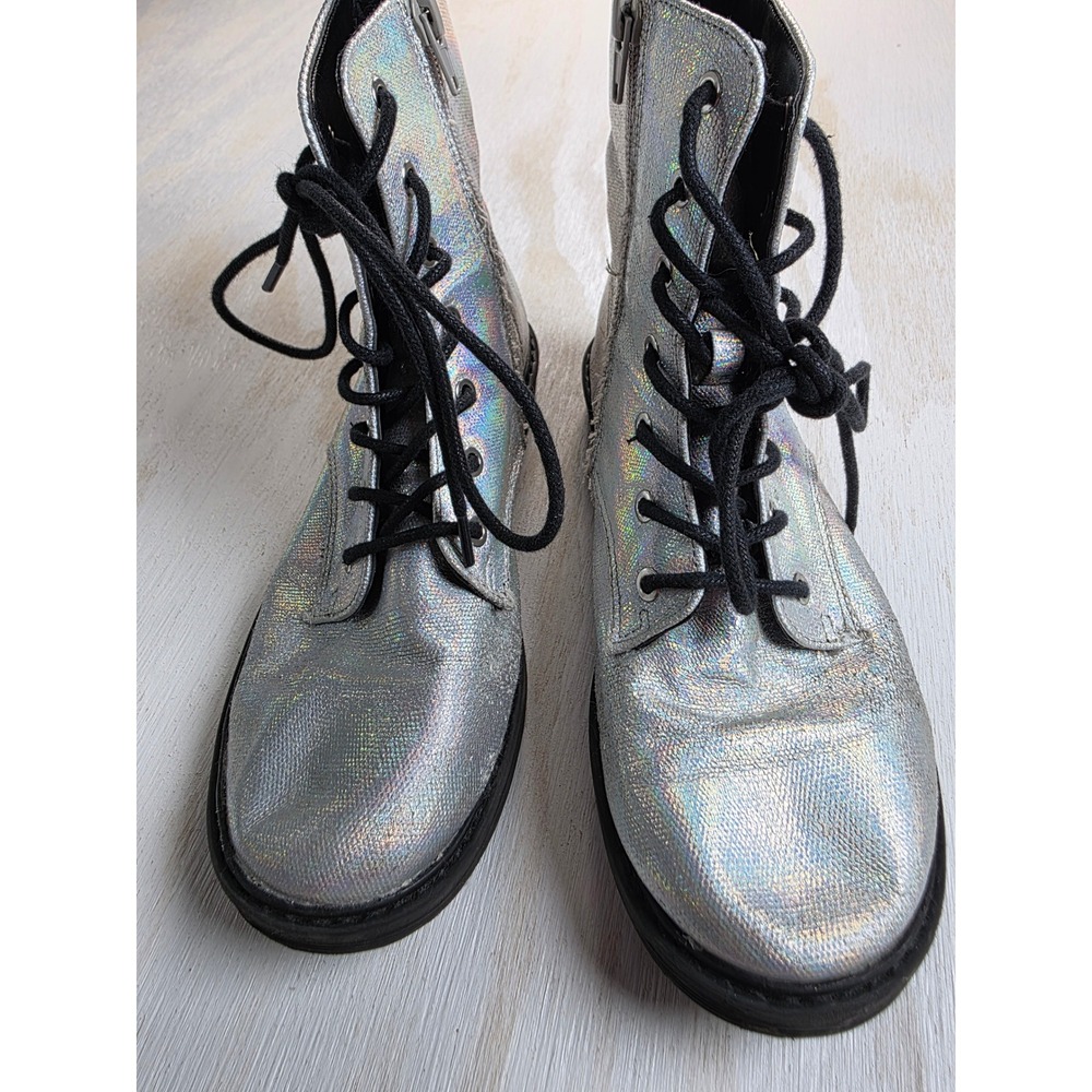 Justice Girls Silver Holographic Iridescent Combat Boots Side Zip Size 4Y 6W